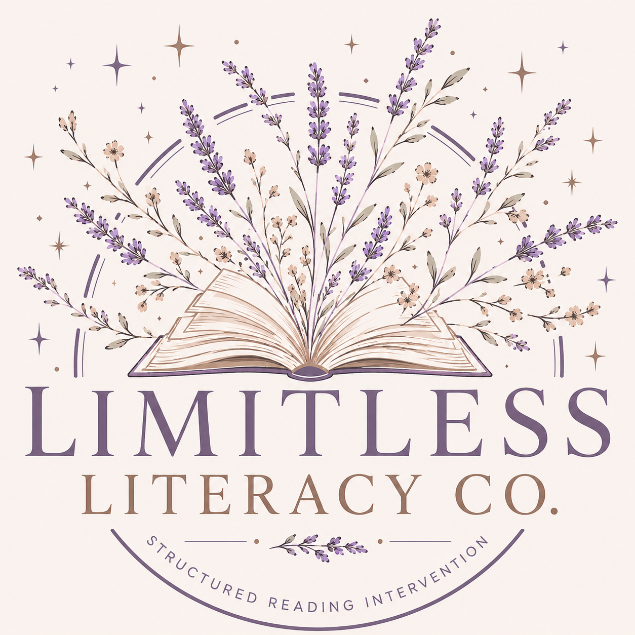 Limitless Literacy Co. logo — open book with lavender sprigs